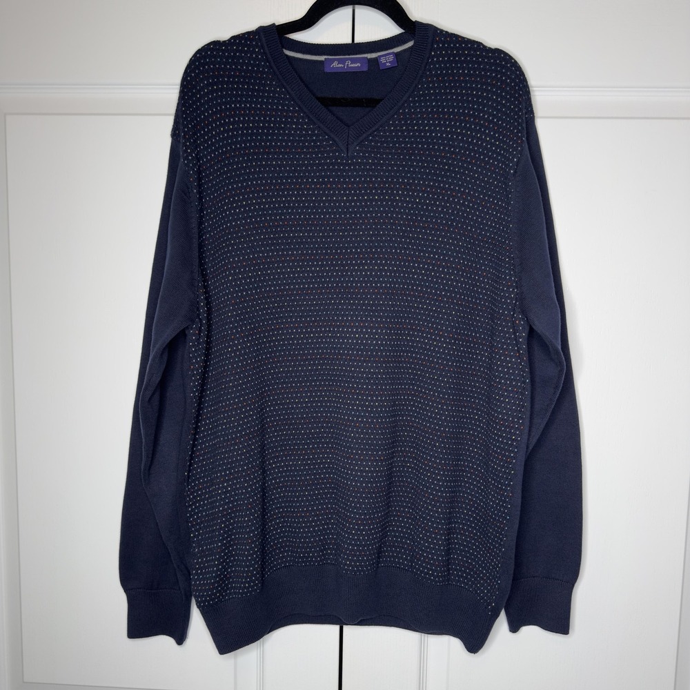 Alan‎ Flusser Sweater Mens XL Blue Polka Dot V Neck 100% Cotton Knit Pullover